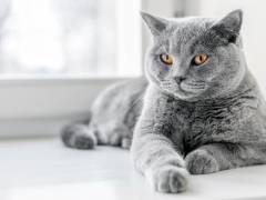 Image of a British Shorthair cat, with its dense and plush coat, sitting comfortably and showcasing its classic British charm.