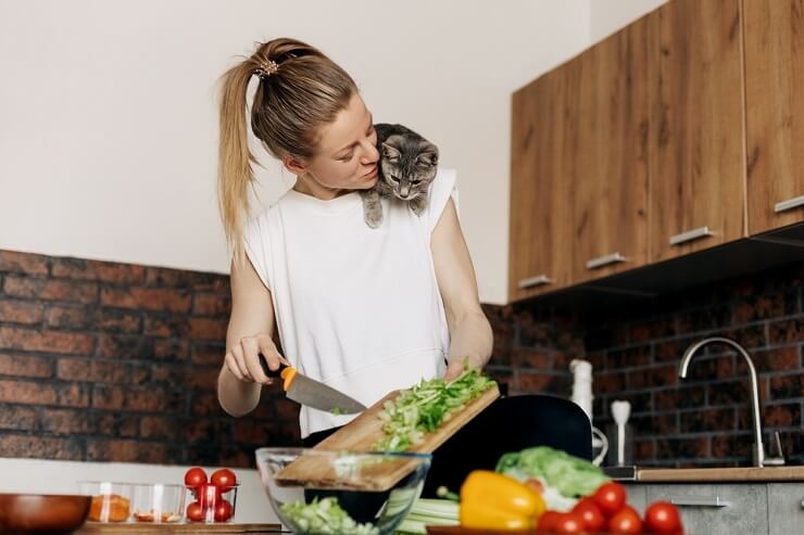 Keep Cats Off Counters: Cat on a woman's shoulder in the kitchen