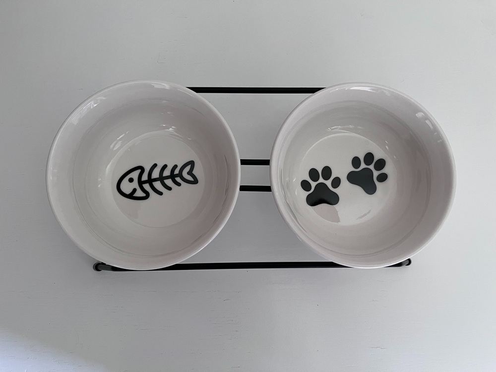 Ceramic Cat Food & Water Bowls with Non-Slip Stainless Steel Stand