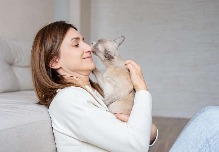 Image capturing a heartwarming moment of affection between a person and a cat, displaying a strong bond through physical closeness.