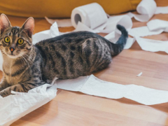 Cat playing with unravelled toilet paper roll