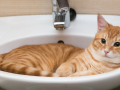 The image portrays a cat exploring the bathroom environment, with its attention directed towards the toilet and sink.