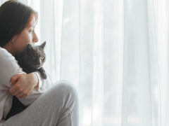 Image of a woman looking sad while sitting with a cat, possibly indicating a moment of comfort or support.