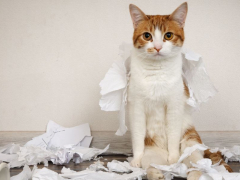 An image depicting a mischievous cat causing a playful mess by knocking over a stack of papers from a stand, embodying the curious and sometimes mischievous nature of feline exploration.