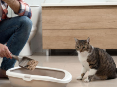 The image contrasts a litter box emitting odor with a clean and fresh litter box, highlighting the importance of maintaining a hygienic environment for cats.