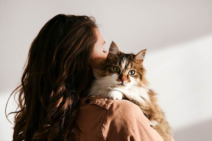 The image captures a touching moment of a woman tenderly hugging her cat.