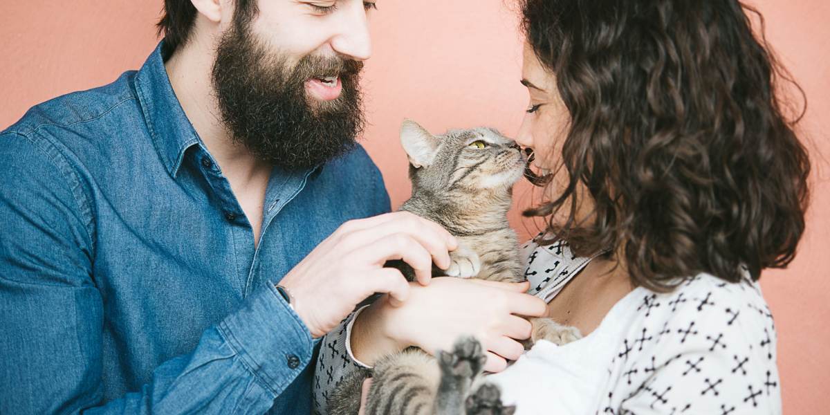 Endearing image capturing a cat and a loving couple together, illustrating the harmonious companionship and happiness that pets can add to a relationship.