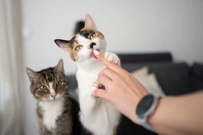 Close-up image of a cat licking a person's hand, highlighting a moment of gentle bonding and grooming between the cat and the individual.