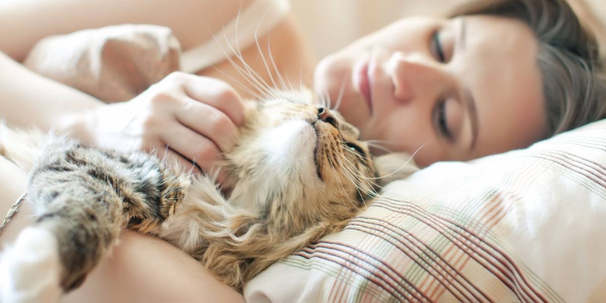 woman sleeping with cat in bed