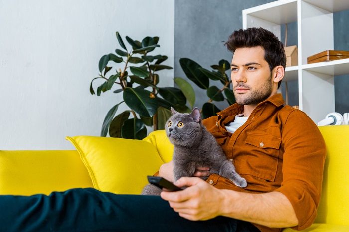 man with remote control and grey cat