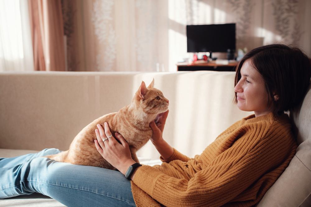  woman resting with pet in sofa