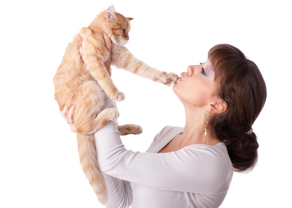 cat putting a paw on a woman's face.