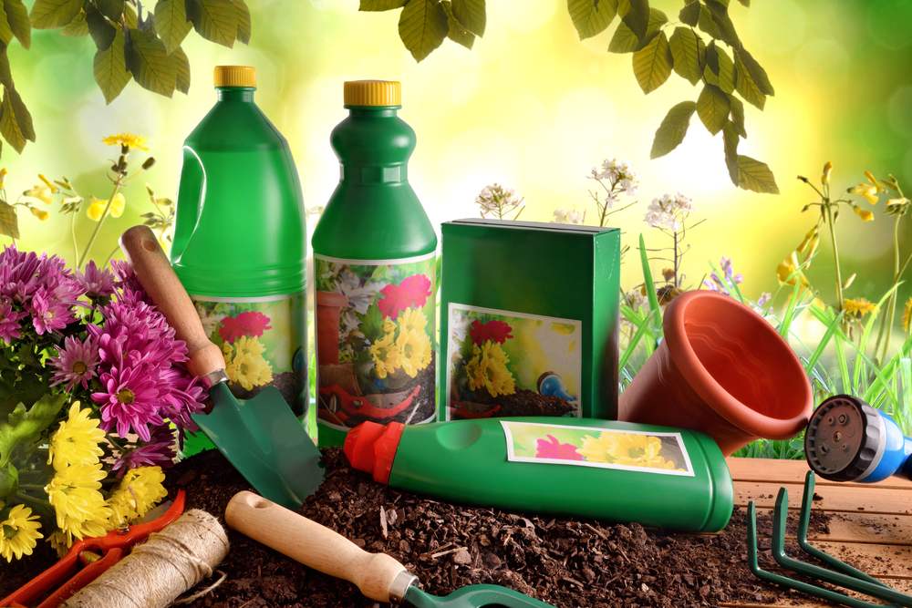 Bottles and containers of gardening products