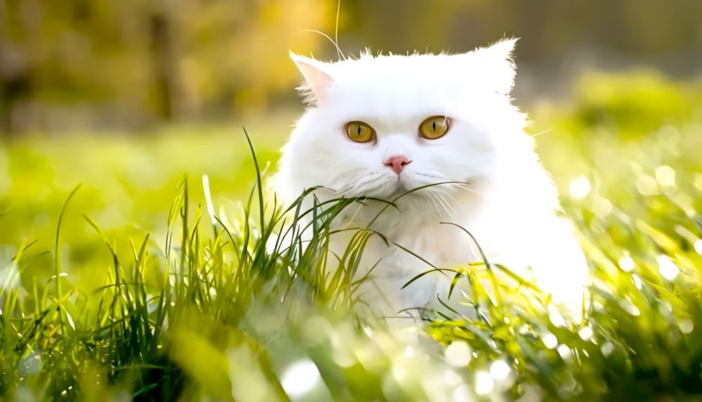 white cat looking behind green grass