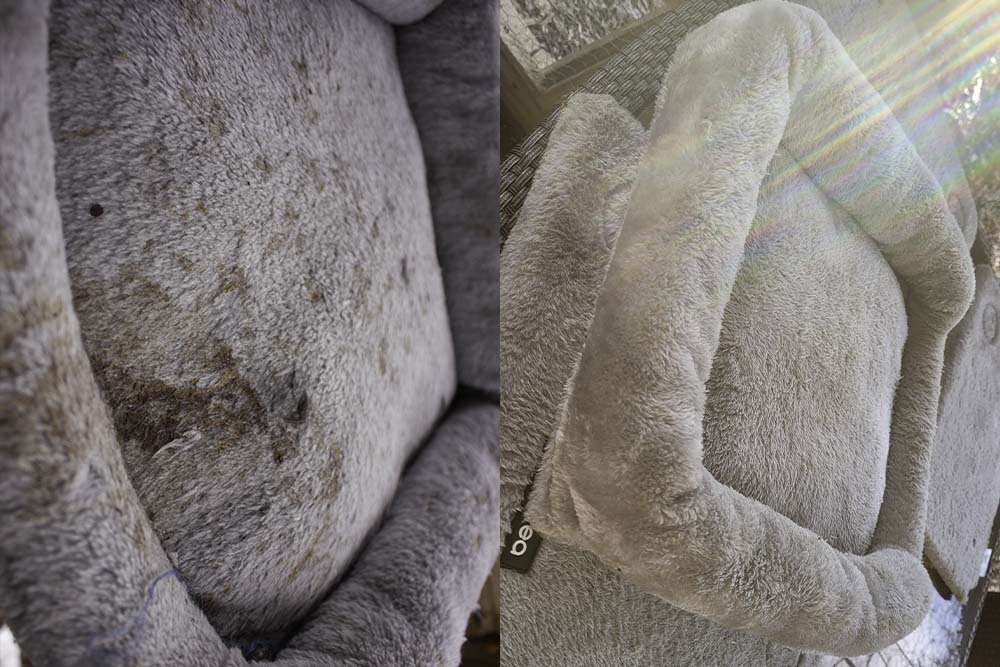 Una comparación del antes y el después de una percha de árbol para gatos después de limpiar la torre para gatos.