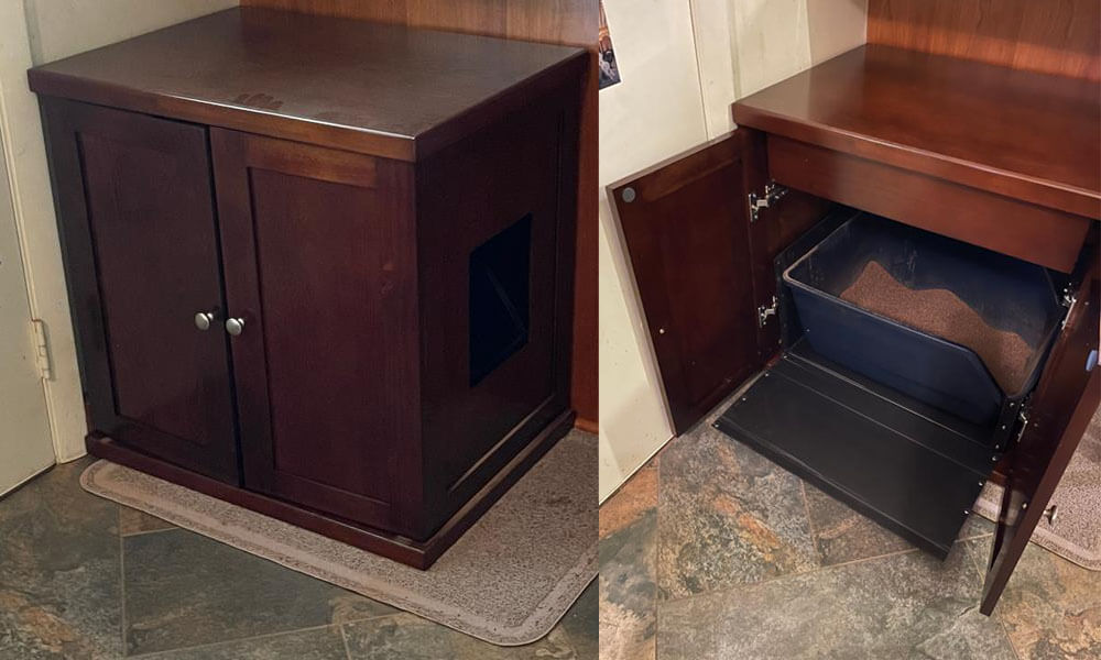 Side-by-side images of a cat litter box enclosure closed and open.