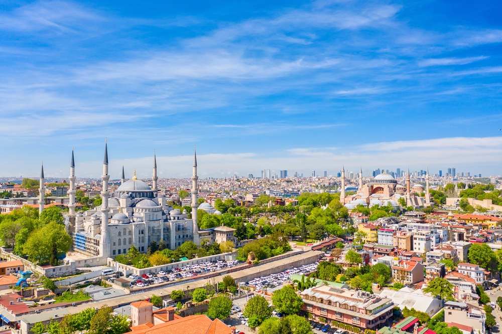 Hagia Sophia and Blue mosque in Sultanahmet district in Istanbul, Turkey.