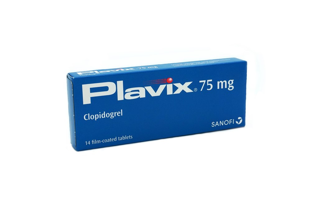 Close up of a blue box with Plavix 75mg written on it.