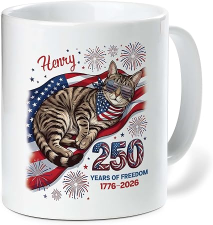 Patriotic 250th Anniversary Cat Mug with Custom Name