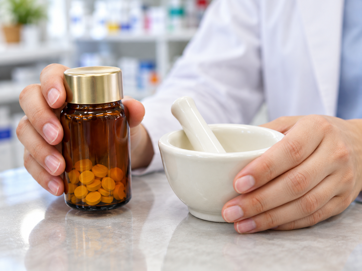 Close up photo of a person holding a bottle with tablets in one hand and a mortar and pestle in the other.